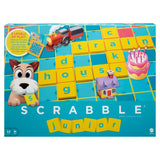 Scrabble Junior front packaging with illustrated board, yellow letter tiles, dog, train, house and birthday cake