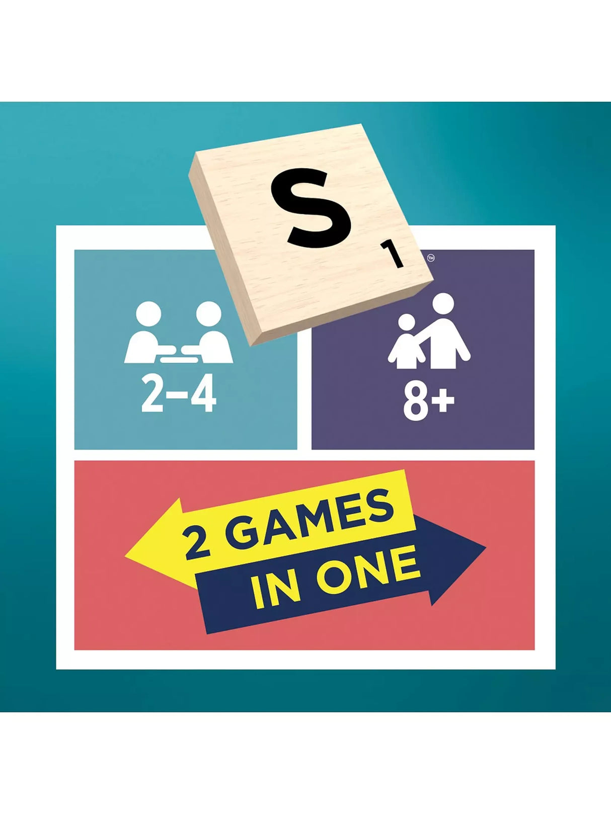Scrabble Two Games in One graphic showing 2 to 4 players, ages 8 plus and 2 games in one