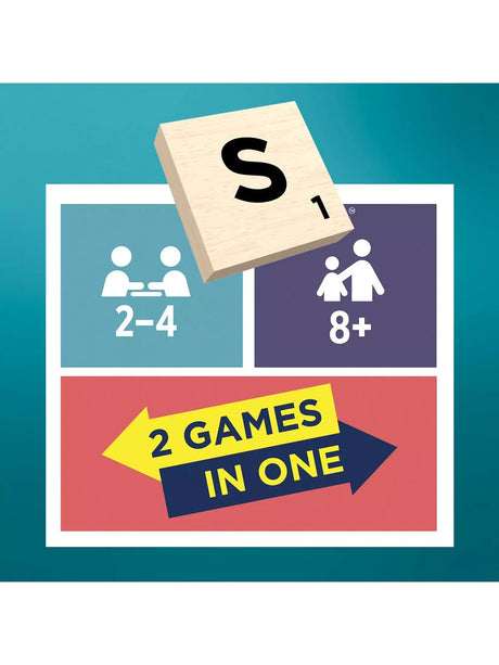 Scrabble Two Games in One graphic showing 2 to 4 players, ages 8 plus and 2 games in one