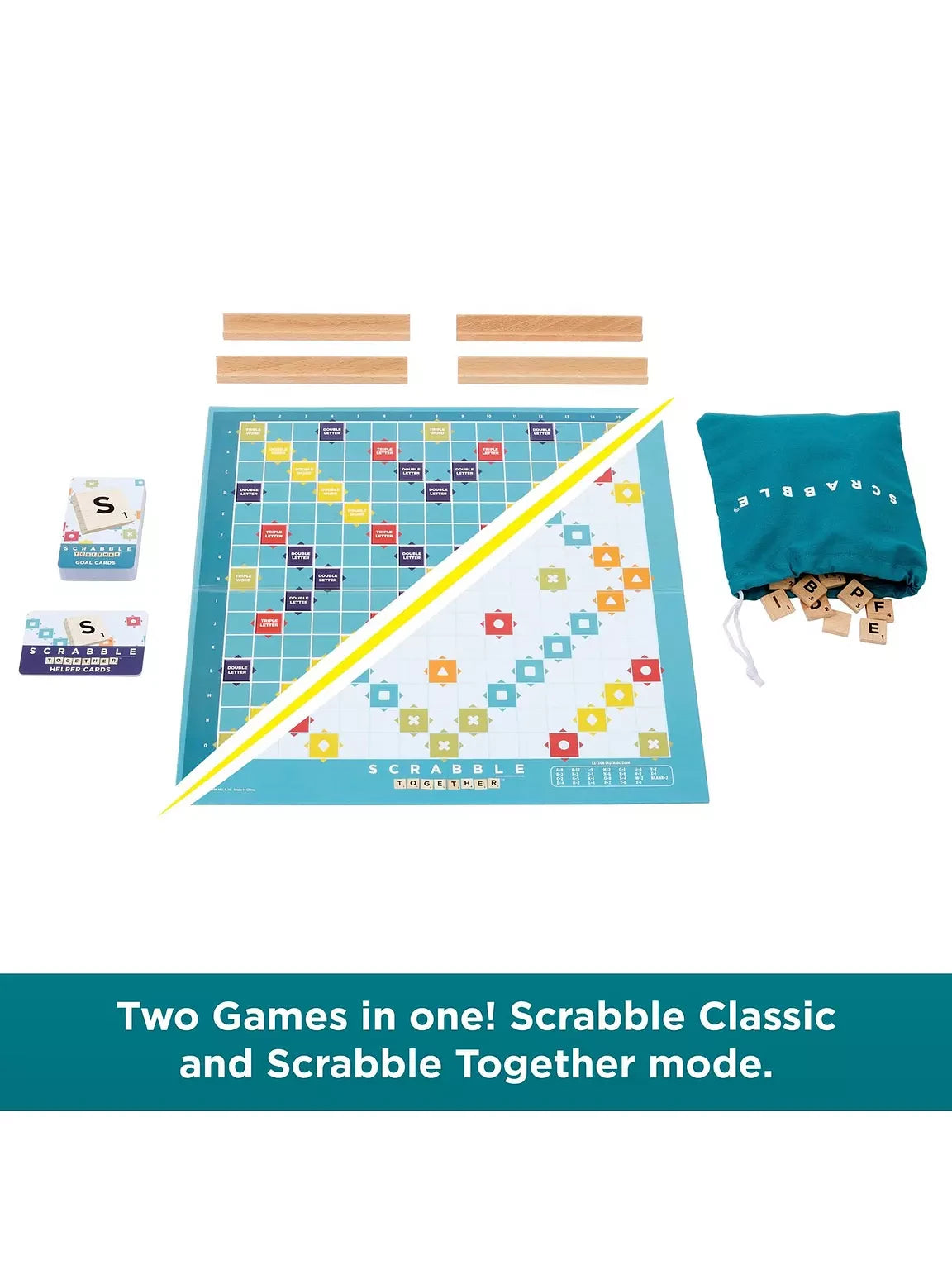 Scrabble Two Games in One board with letter tiles, four racks, tile bag and cards