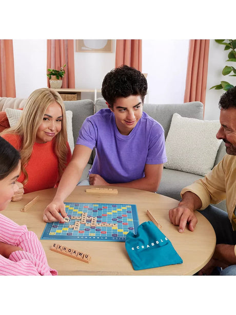 Group playing Scrabble Two Games in One around a table