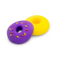 Scrunchems Donut Squishy with purple sprinkle icing separated from the yellow donut
