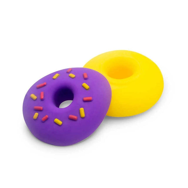 Scrunchems Donut Squishy with purple sprinkle icing separated from the yellow donut