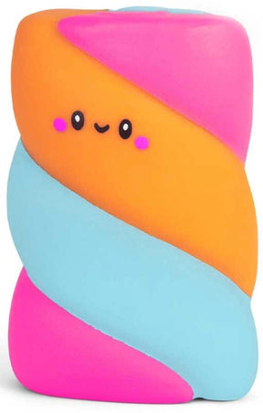 Scrunchems Marshmallow Squishy with orange, pink and blue swirl design and smiling face