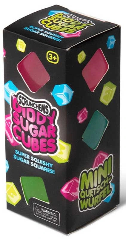 Scrunchems Mini Sugar Cubes retail box with colourful cube graphics and Mini Outrageous Wurps branding on the front
