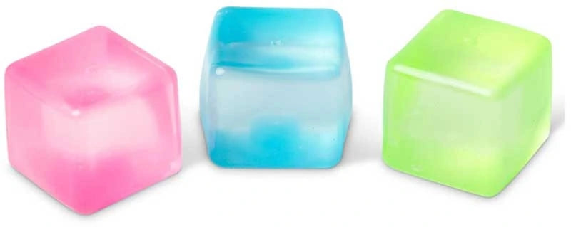 Three Scrunchems Mini Sugar Cubes in pink, blue and green shown together against a white background