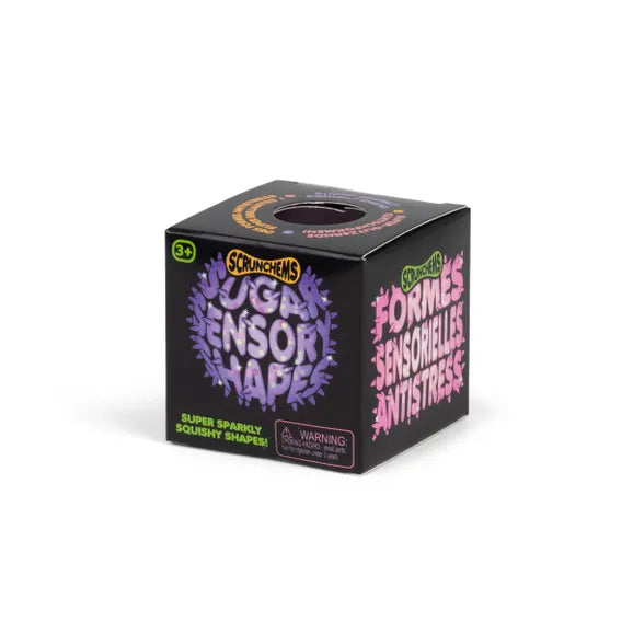 Scrunchems Sensory Sugar Shapes display box with assorted coloured shapes inside