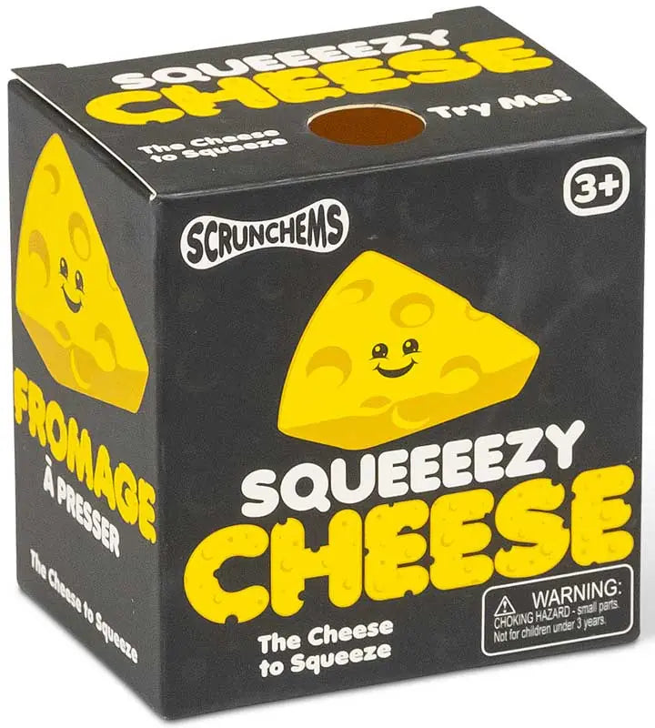 Scrunchems Squeezy Cheese in black retail packaging with the yellow cheese wedge pictured on the front