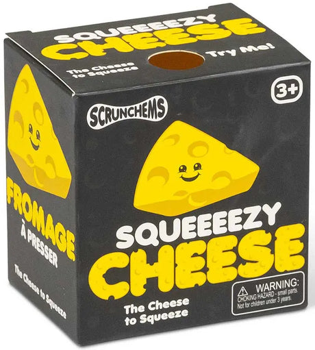Scrunchems Squeezy Cheese in black retail packaging with the yellow cheese wedge pictured on the front