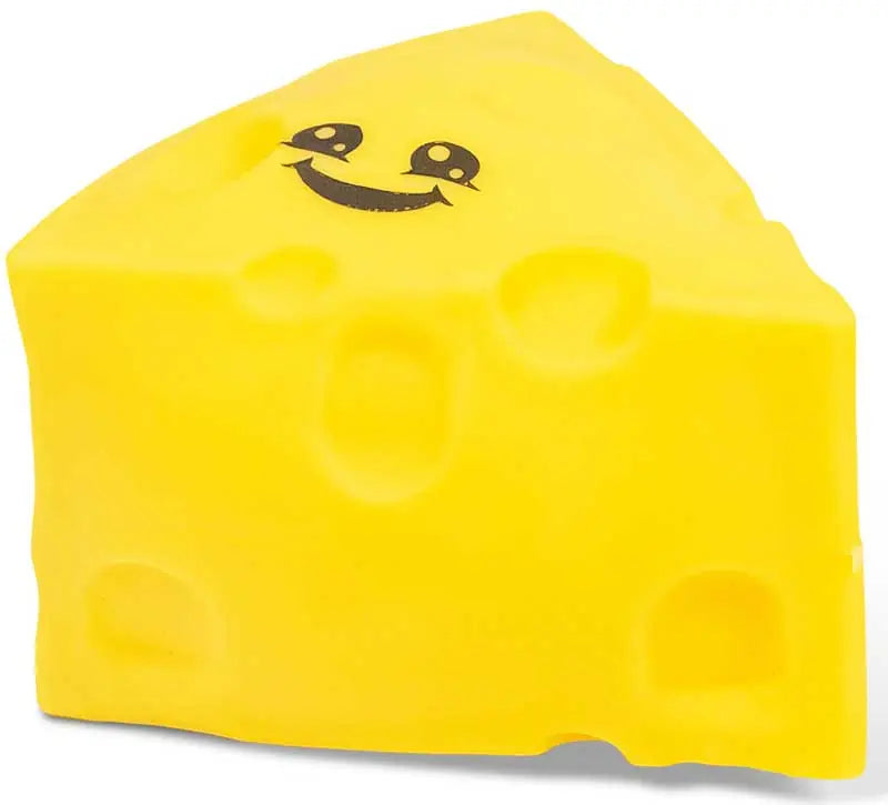Yellow Scrunchems Squeezy Cheese shown as a wedge with rounded cheese holes and a smiling character face