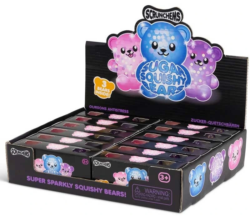 Scrunchems Sugar Squishy Bears retail display tray filled with boxed 3 packs in pink, blue and purple bear designs