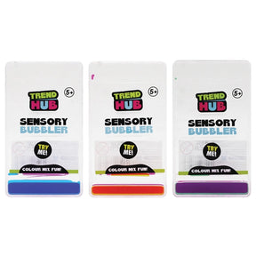 Three packaged Trend Hub Sensory Motion Bubbler Stair toys showing blue, red and green liquid colour combinations