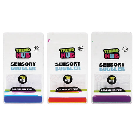 Three packaged Trend Hub Sensory Motion Bubbler Stair toys showing blue, red and green liquid colour combinations