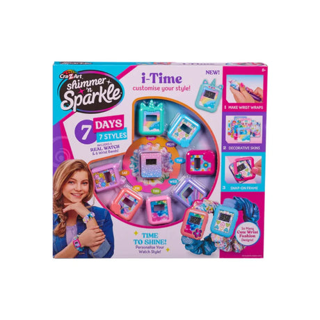 Shimmer N Sparkle i-Time box front showing the watch set, seven interchangeable watch face styles and step images on the right