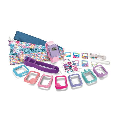 Shimmer N Sparkle i-Time set contents with watch, interchangeable frames, wrist wraps, stickers, cable and wrist band maker tool