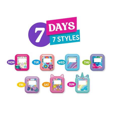 Shimmer N Sparkle i-Time graphic showing seven interchangeable watch face styles labelled for each day of the week