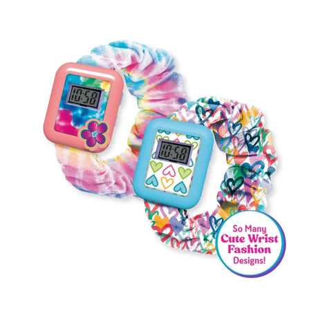 Two Shimmer N Sparkle i-Time watches attached to colourful scrunchie style wrist wraps