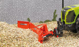 Siku 1:32 maize leveller farm toy attached to the front of a tractor in a maize scene