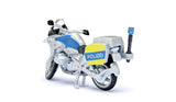 Siku BMW police motorbike from set 2562 with blue and yellow police markings, rear storage box, blue beacon and side stand
