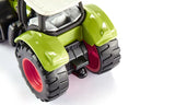 Siku Claas Axion 950 tractor model shown from the above rear with twin rear wheels, rear hitch area and green body panels visible on a white background