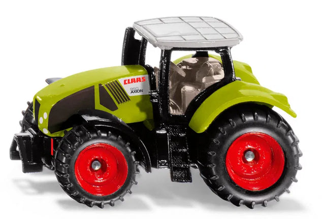 Siku Claas Axion 950 tractor model shown from the side with green body, red wheels, black chassis and light grey cab roof on a white background
