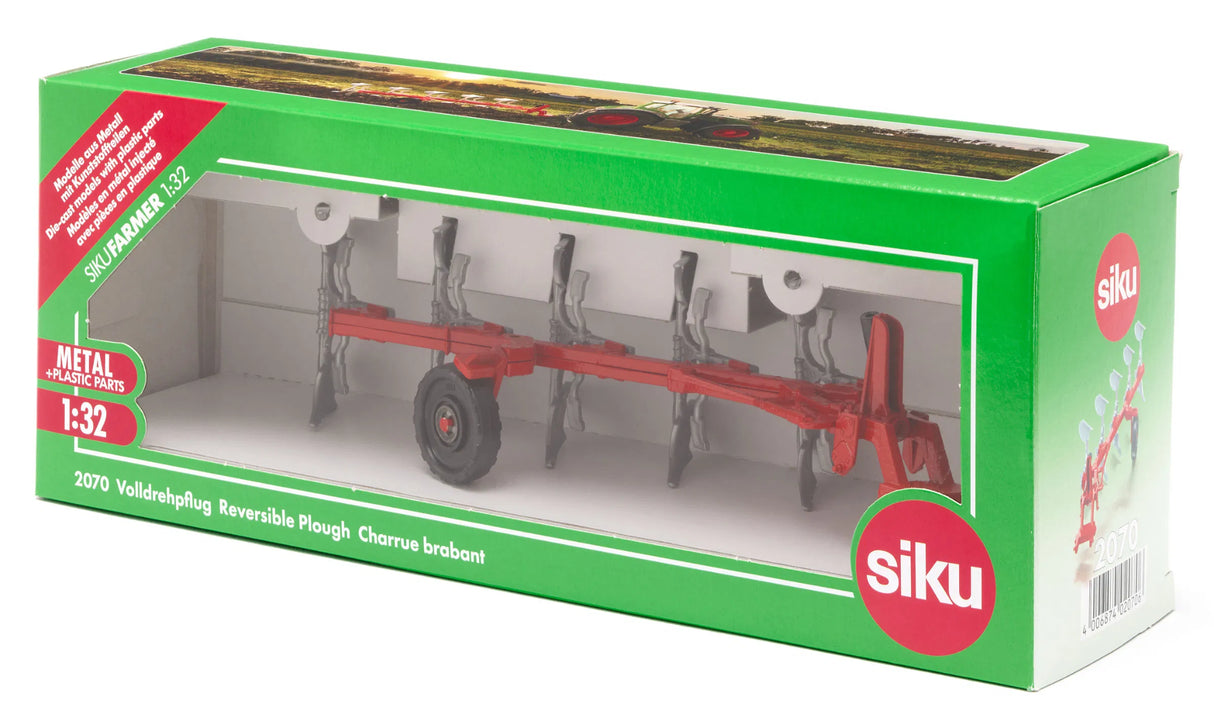 Siku full reversible plough 1:32 displayed inside green Siku Farmer retail packaging with model number 2070 visible