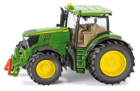Siku 1:32 John Deere 6210R tractor side profile showing the green body, yellow wheels and front weight