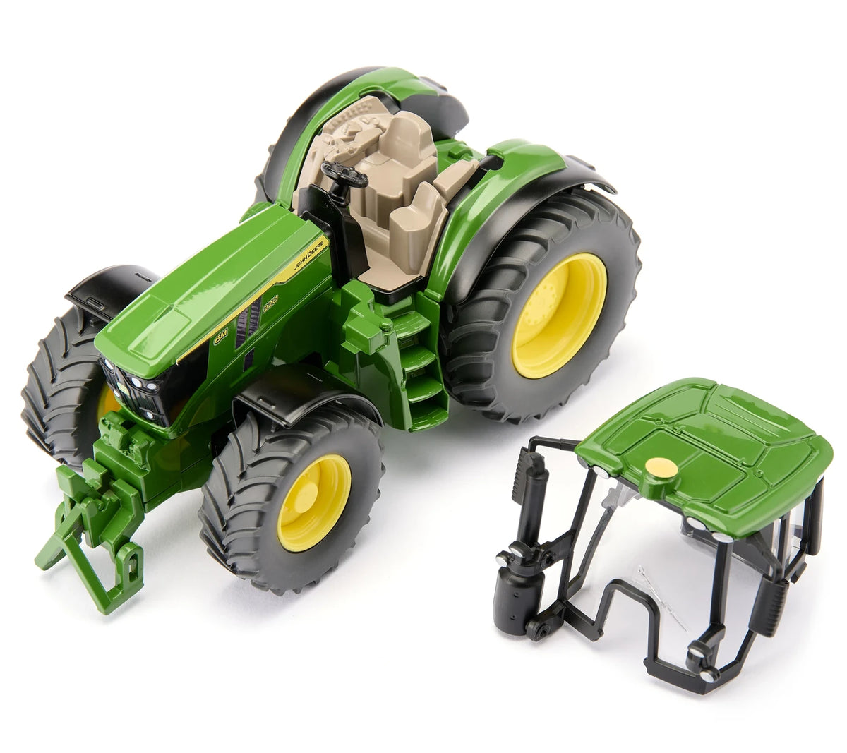 Siku 1:32 John Deere 6M 220 Tractor 3666 with the cab removed and positioned beside the tractor