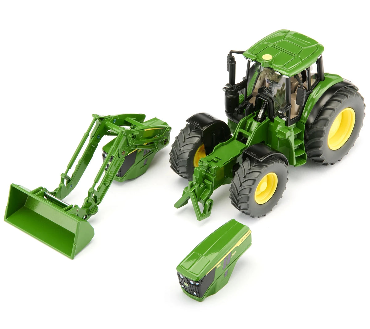 Siku 1:32 John Deere 6M 220 Tractor 3666 with the front loader and bonnet detached beside the tractor