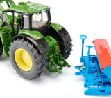 Siku 1:32 John Deere 6M 220 Tractor 3666 rear view showing the rear linkage beside a blue Siku implement