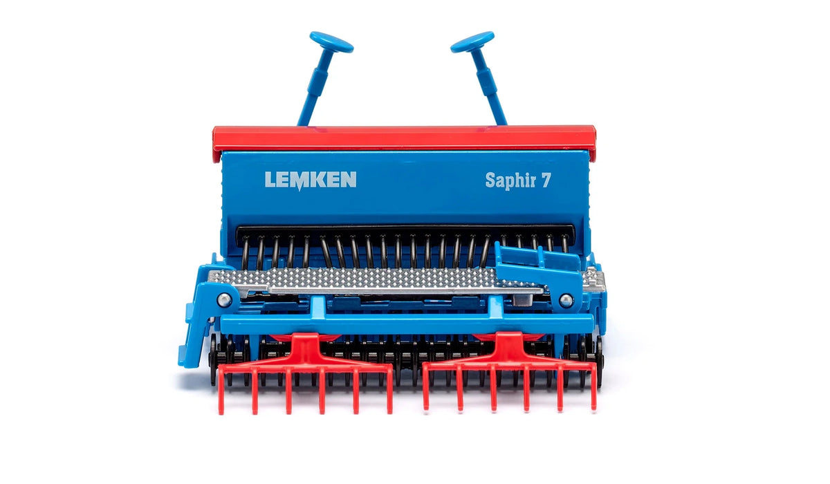 Straight view of the Siku Lemken Seed Drill Combination 2278 showing the Saphir 7 hopper, seed coulters, rollers and red tine section