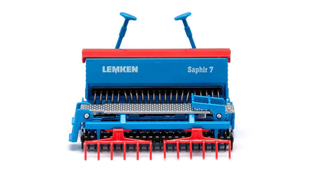 Straight view of the Siku Lemken Seed Drill Combination 2278 showing the Saphir 7 hopper, seed coulters, rollers and red tine section
