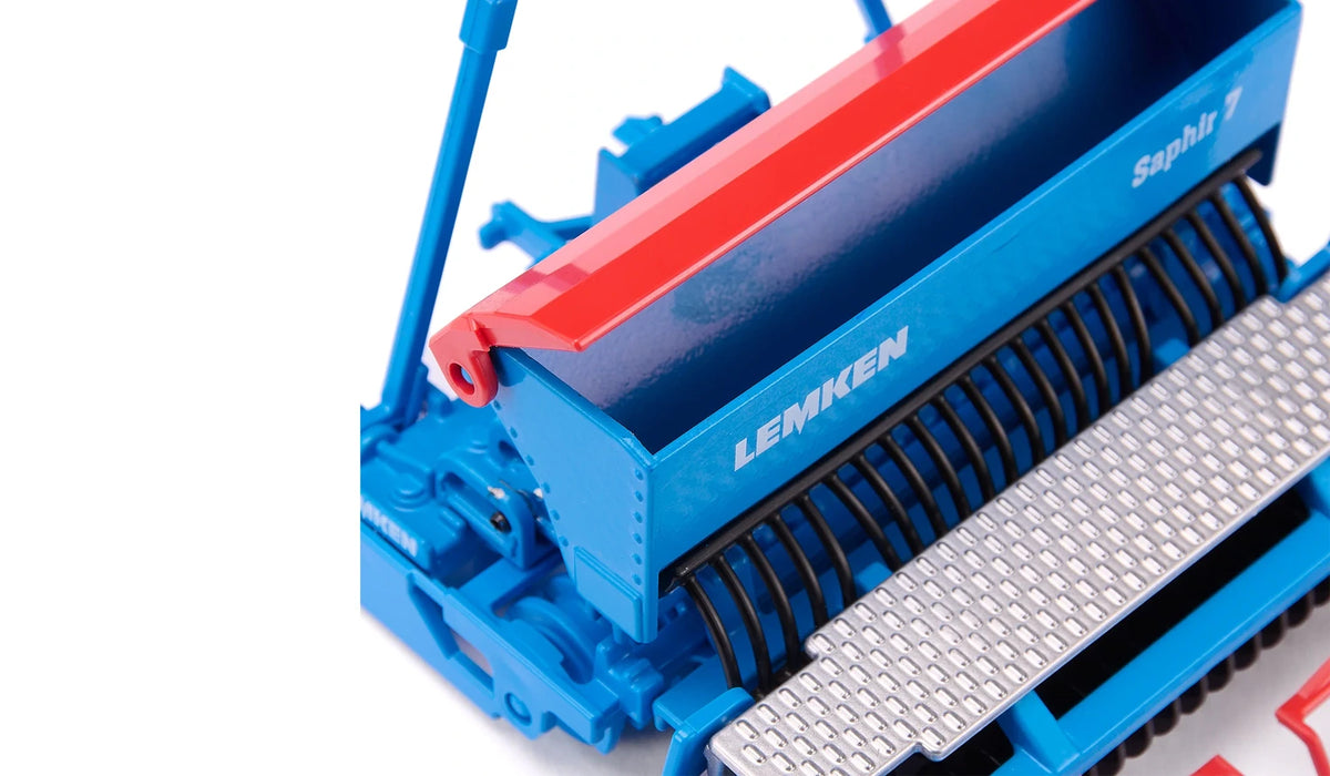 Close view of the Siku Lemken Saphir 7 seed hopper on model 2278 showing the Lemken branding, seed tubes and metal footboard