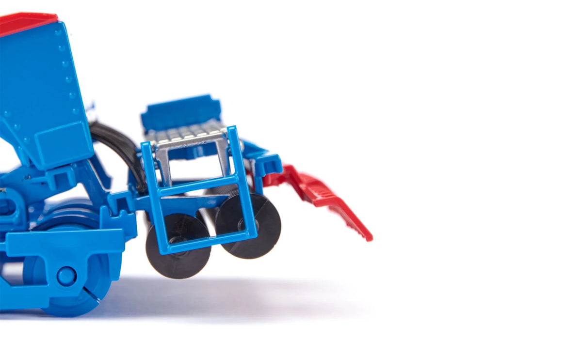 Close view of the Siku Lemken Seed Drill Combination 2278 with the blue lowering frame positioned around the black disc components