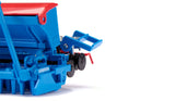 Close view of the Siku Lemken Seed Drill Combination 2278 with the blue lowering frame raised above the black disc components