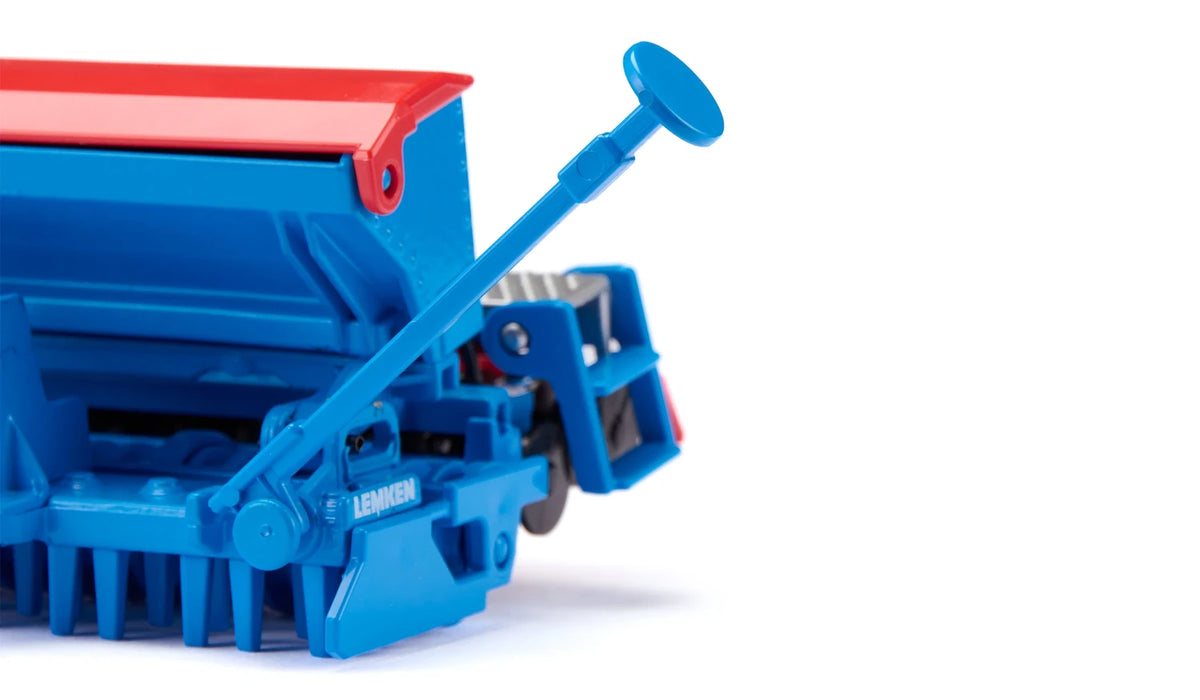 Close view of the Siku Lemken Seed Drill Combination 2278 showing the movable blue track marker arm beside the seed hopper