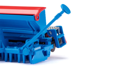 Close view of the Siku Lemken Seed Drill Combination 2278 showing the movable blue track marker arm beside the seed hopper