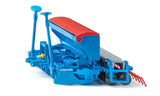 Side angled view of the Siku 1:32 Lemken Seed Drill Combination 2278 showing the blue and red Saphir 7 seed drill, rollers and track markers
