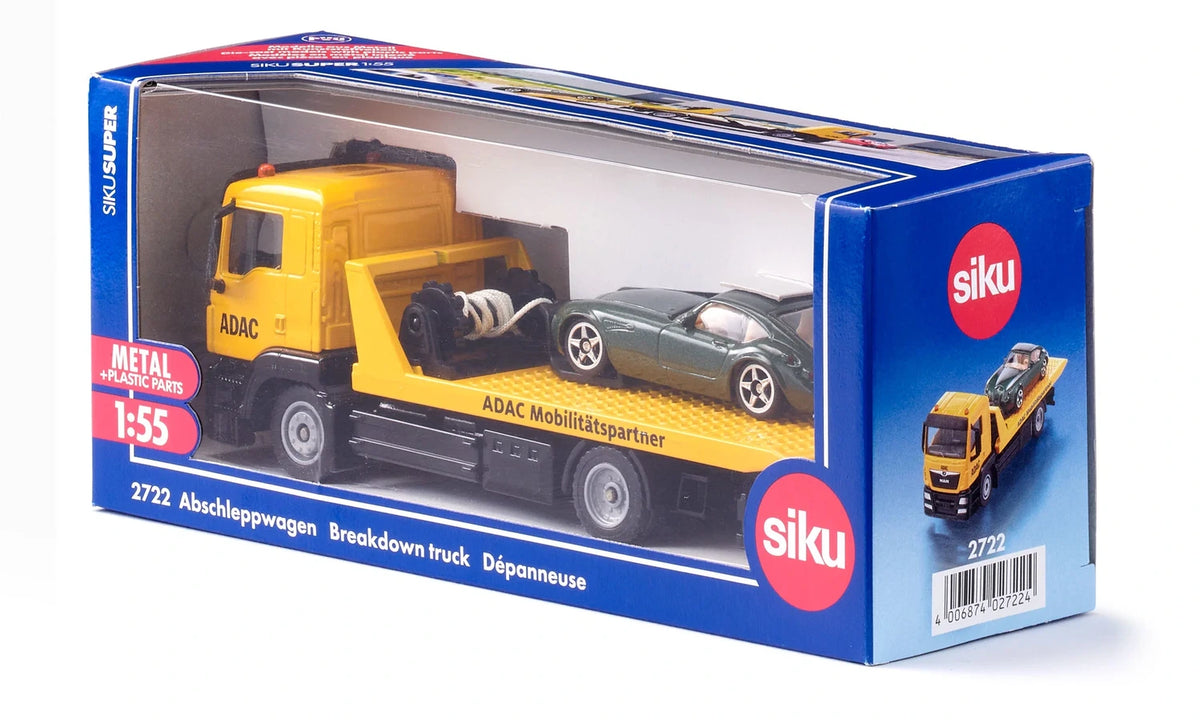 Siku MAN ADAC Breakdown Truck 2722 in its blue Siku retail box with the yellow recovery truck and green car visible through the front window