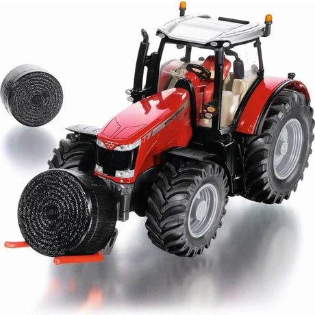 Siku Massey Ferguson 8680 farm toy tractor with bale handler carrying a bale and a second bale beside it