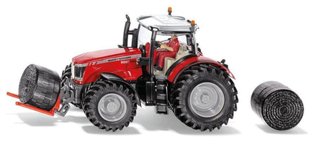 Siku Massey Ferguson 8680 farm toy tractor with driver, bale handler and two bales