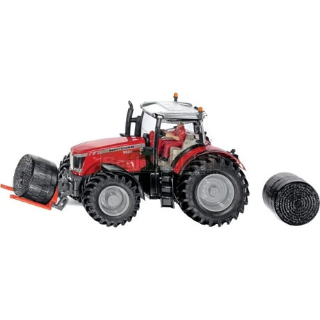 Siku Massey Ferguson 8680 farm toy tractor in side view with bale handler and two bales