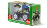 Siku New Holland Police Tractor 3297 in its green Siku Farmer retail box with the blue Police tractor visible through the front window