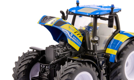 Siku New Holland Police Tractor 3297 with the blue bonnet raised to reveal the detailed engine area beneath