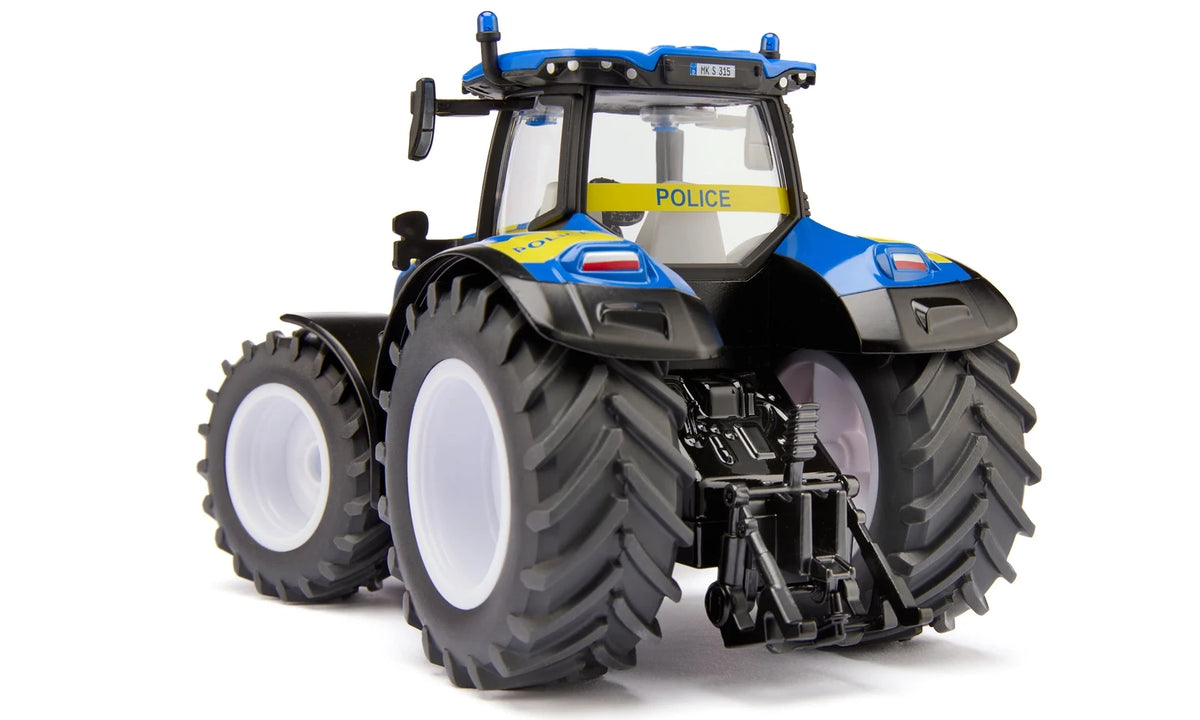 Rear view of the Siku New Holland Police Tractor 3297 showing the glazed cab, Police markings, rear linkage and large agricultural tyres