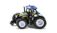 Siku New Holland Police Tractor 3297 viewed from the side showing the blue and yellow Police livery, enclosed cab and large white rimmed wheels