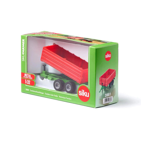 Siku tandem axle trailer displayed inside green Siku Farmer retail box with clear window showing the red trailer and twin axle wheels
