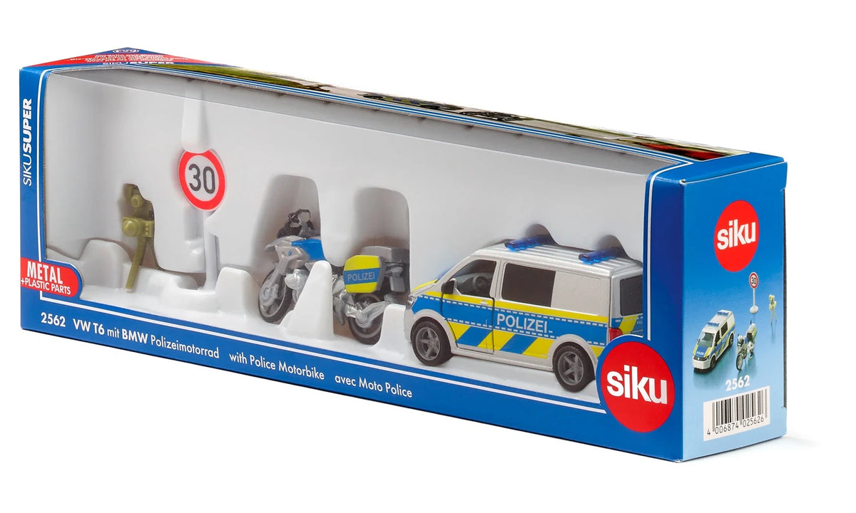 Siku VW T6 with BMW Police Motorbike 2562 in its blue retail box with the van, motorbike, speed camera and 30 km/h sign visible
