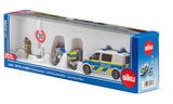 Siku VW T6 with BMW Police Motorbike 2562 in its blue retail box with the van, motorbike, speed camera and 30 km/h sign visible
