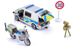 Siku VW T6 with BMW Police Motorbike 2562 showing the van with side door and rear tailgate open beside the motorbike, speed camera and road sign